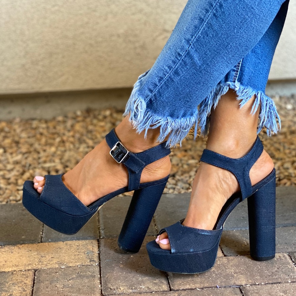 Denim Blue Distressed Towering Platform Sandal - Picture 5 of 12